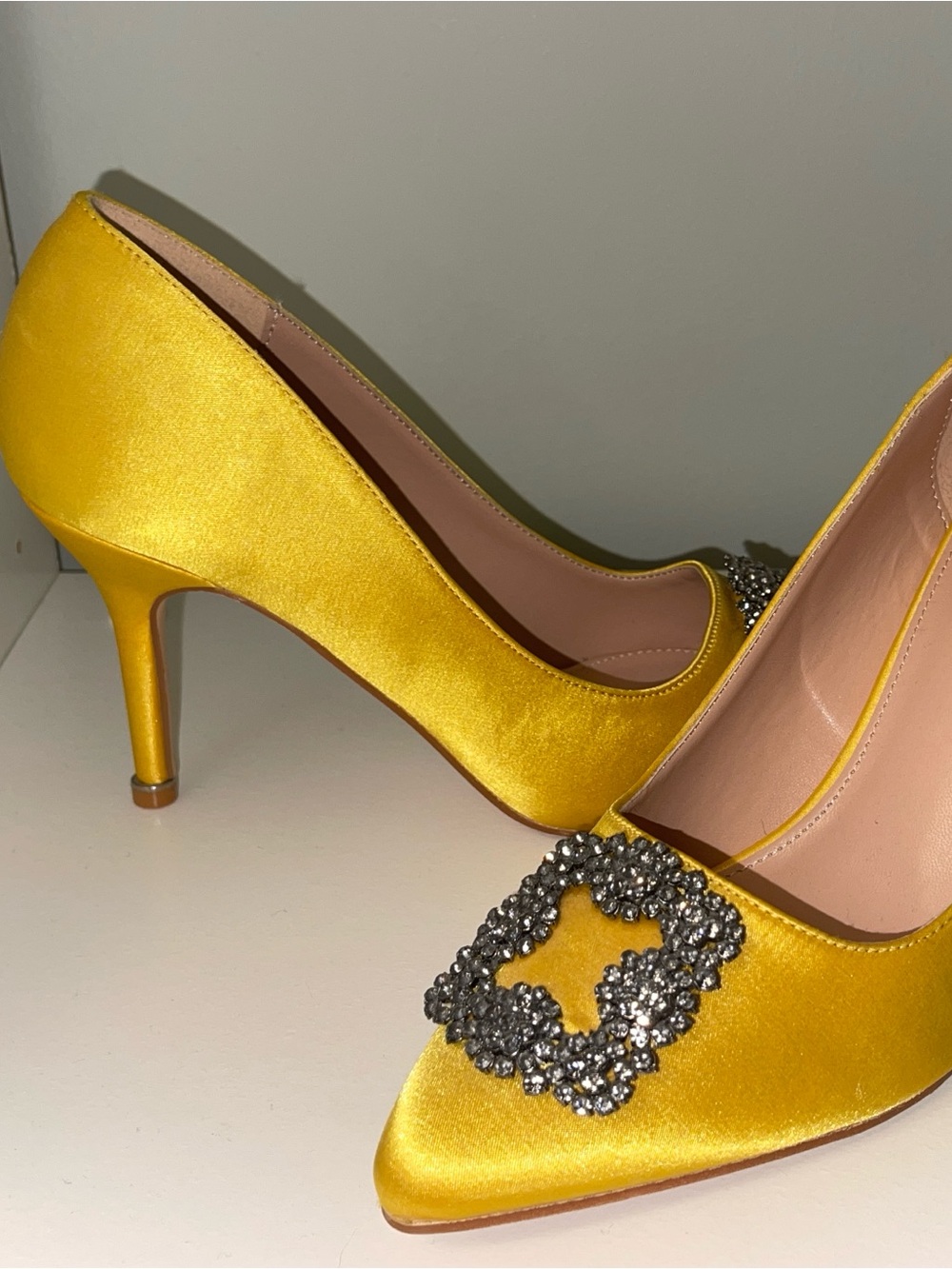 Yellow Satin Pointed Toe Pumps w Crystal Buckle, Manolo Blahnik Inspired (3.25”) - Picture 2 of 8